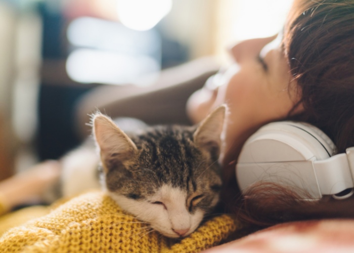 Una imagen entrañable que retrata a una mujer y su gato compartiendo un momento musical.