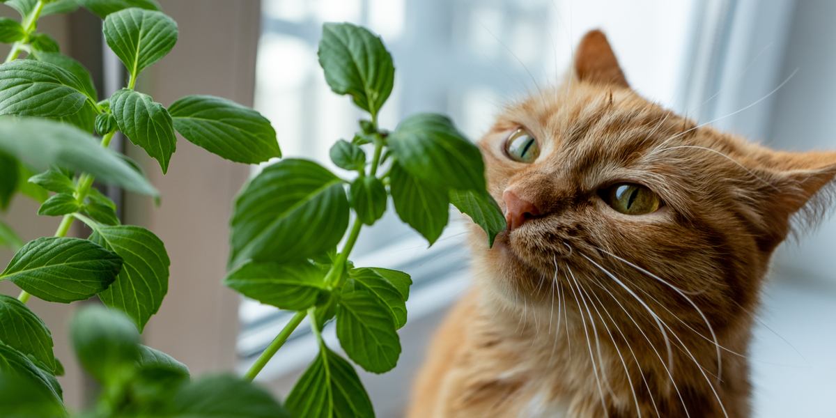 Encantadora imagen que captura la curiosidad juguetona de los gatos mientras mordisquean hojas de albahaca.