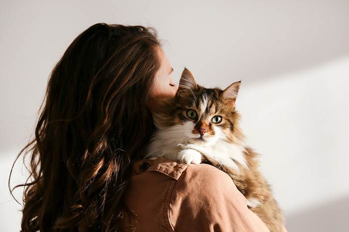 La imagen captura un momento conmovedor de una mujer abrazando tiernamente a su gato.