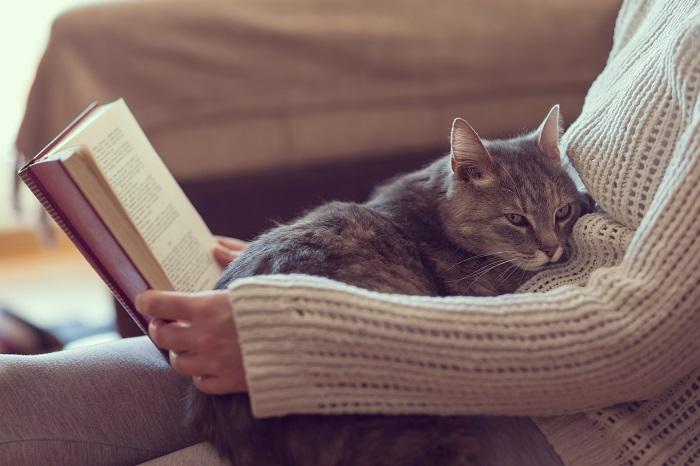 Mujer leyendo un libro y un gato sentado en su regazo