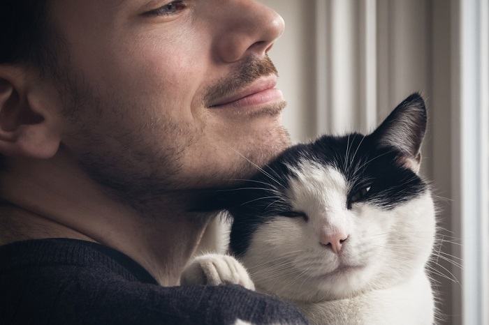 Una imagen de un hombre sentado en un sofá con un gato contento descansando en sus brazos.