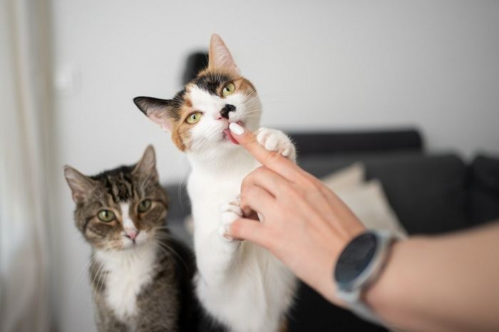 Imagen de primer plano de un gato lamiendo la mano de una persona, resaltando un momento de suave vínculo y acicalamiento entre el gato y la persona.