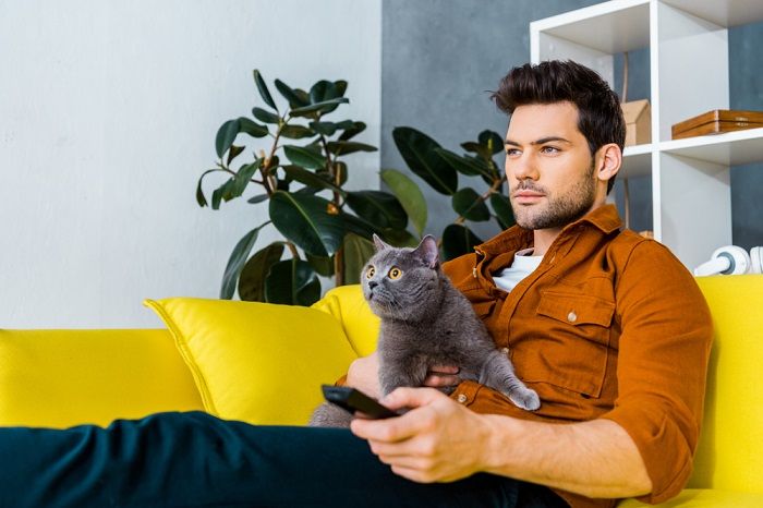 Hombre con control remoto y gato gris