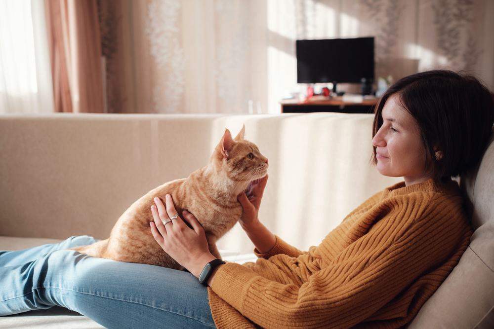 Mujer descansando con mascota en sofá