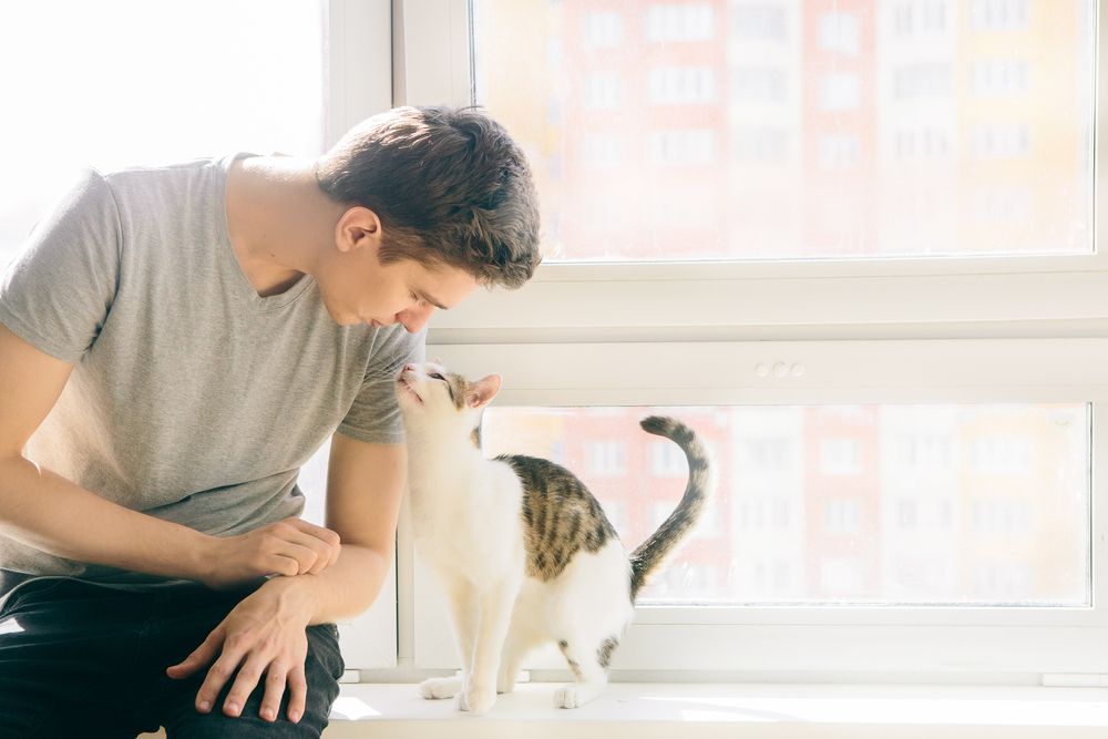 Un joven está sentado con un gato.